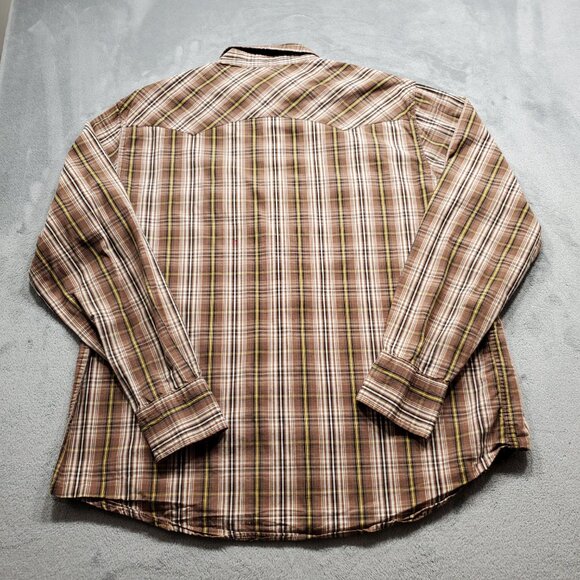 Steve & Berry's Western Pearl Snap Plaid Shirt 2 Pckt Brown Yellow Black Mn Sz L - Picture 2 of 10